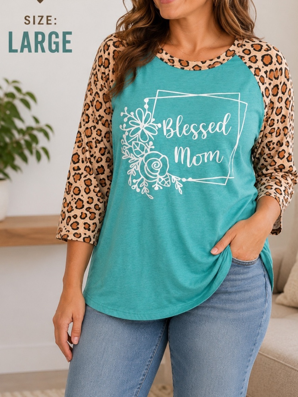 Hand Crafted Teal Raglan Tee with Leopard Sleeves LARGE